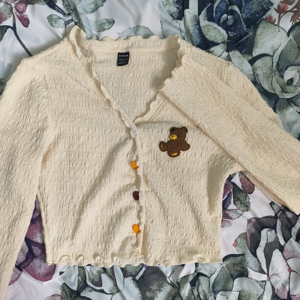 Cream Cardigan with Bear Patch